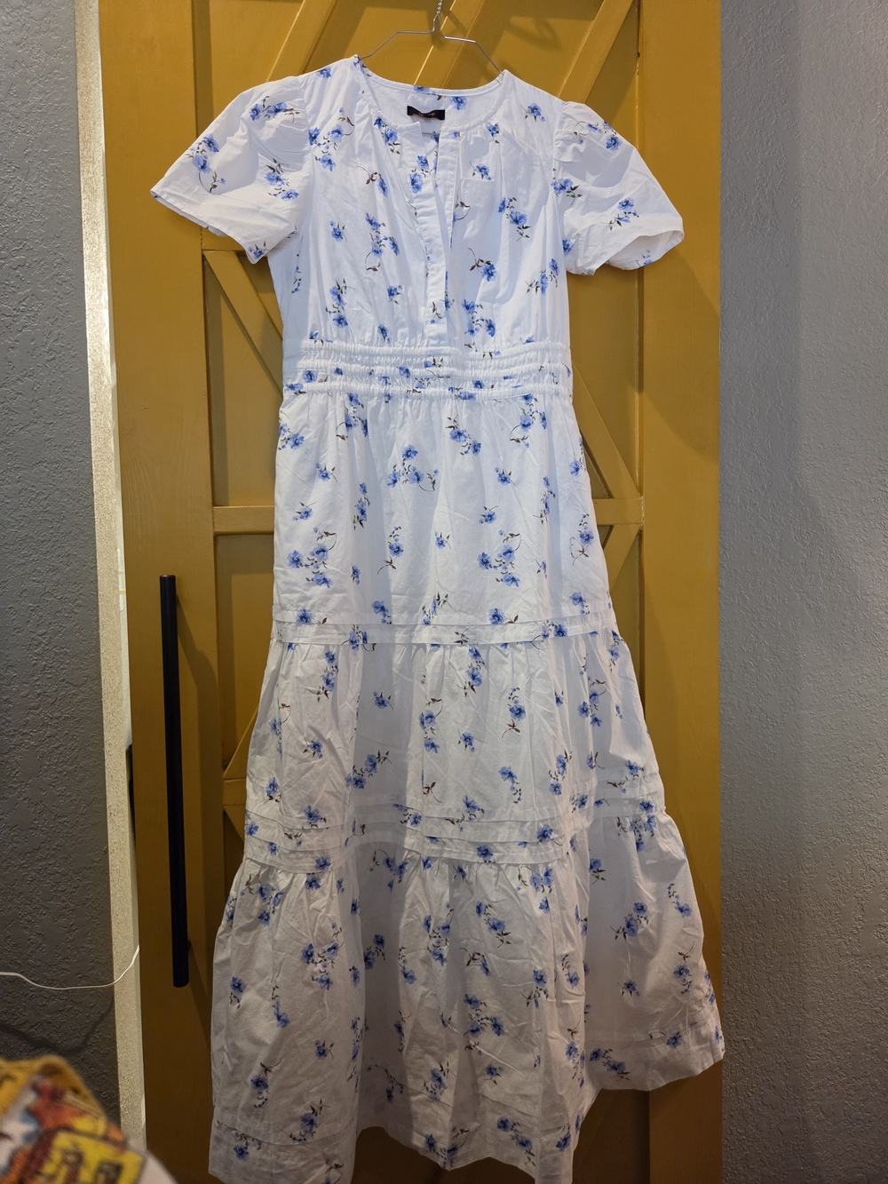 Quince Tier White Dress with Blue Floral Print